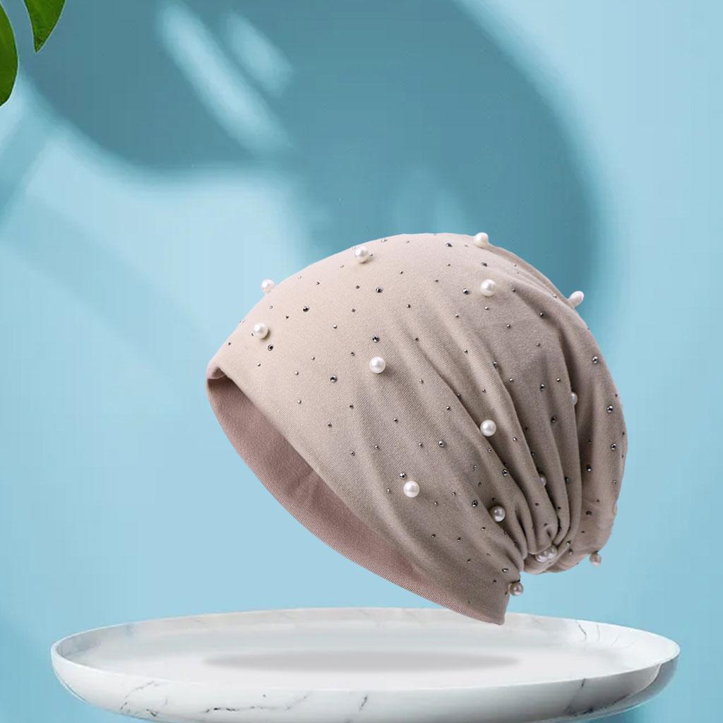 Pearl Rhinestone Women Slouchy Beanie Lightweight Soft Oversized Hat Beige