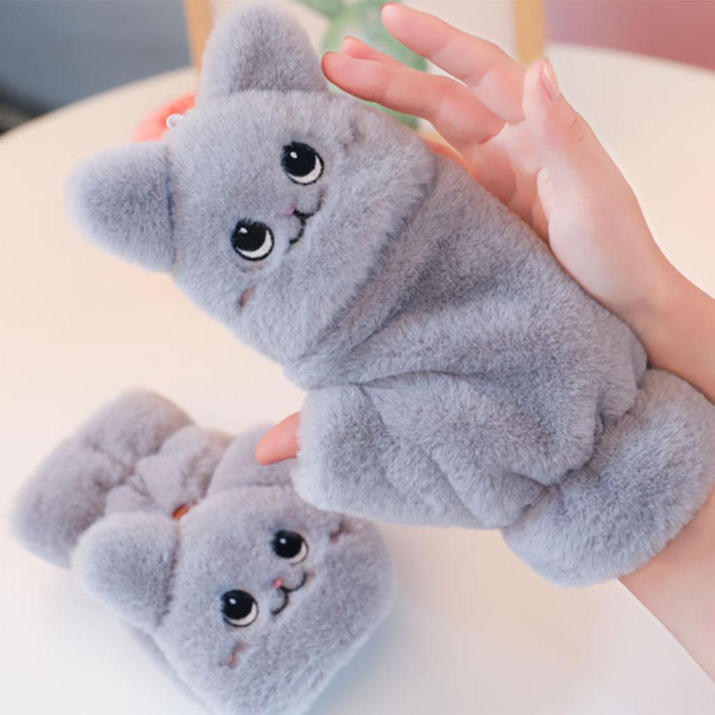 Flip Mittens Women Girl Plush Thick Faux Fur Warm Fingerless Gloves Gray