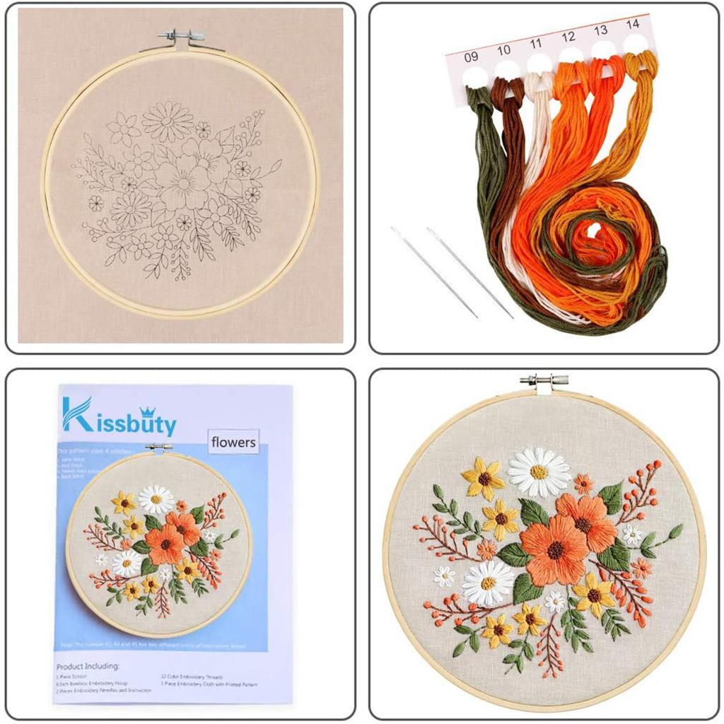 2Sets Flower Pattern Embroidery Starter Kit Cross Stitch Kits Hoop 26x26cm 