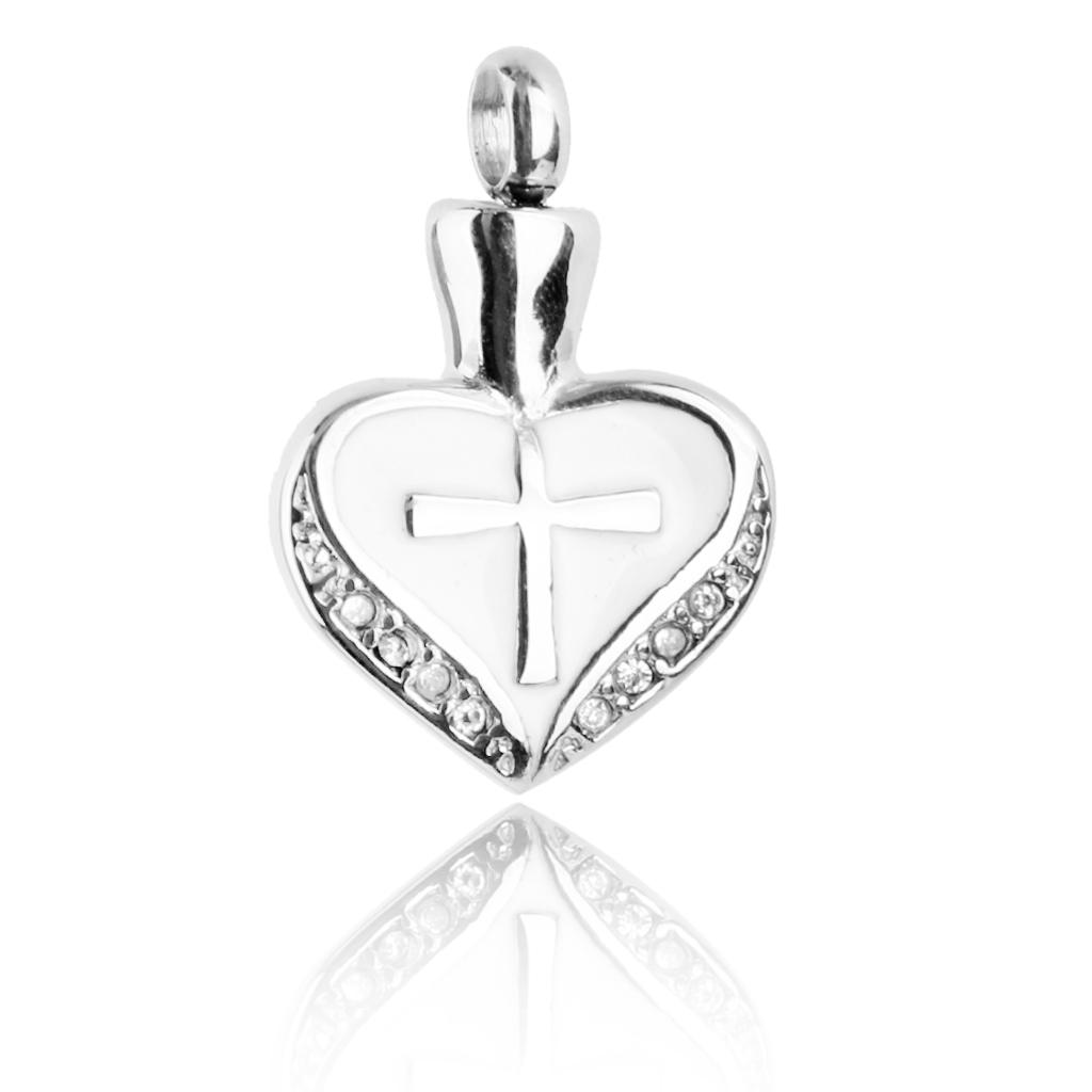 Stainless Steel White Heart Cross Cremation Urn Keepsake Memorial Pendant