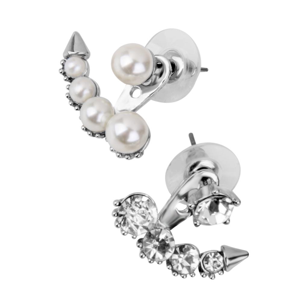 Pair Faux Pearl Diamond Ear Jacket Earrings Mismatch Style Wedding Jewelry