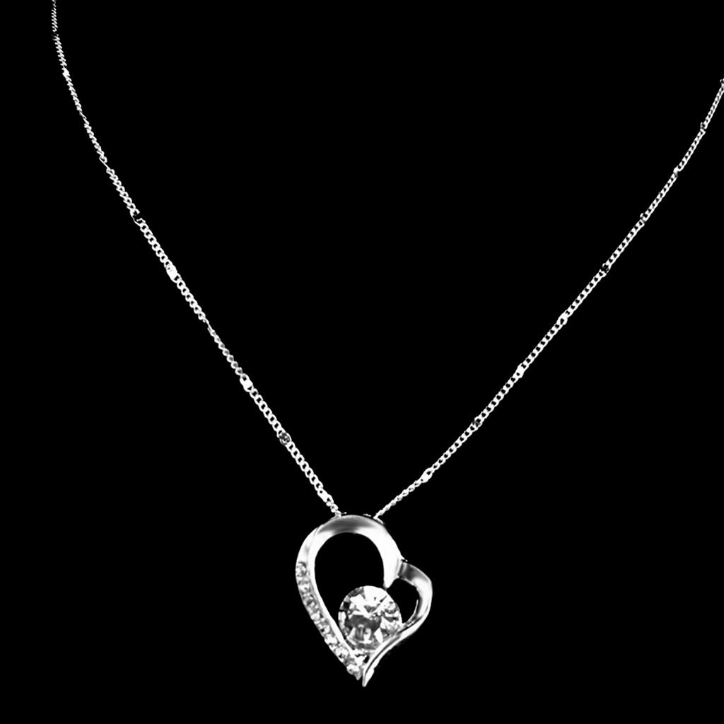 White Crystal Rhinestone Heart Pendant Silver Chain Necklace