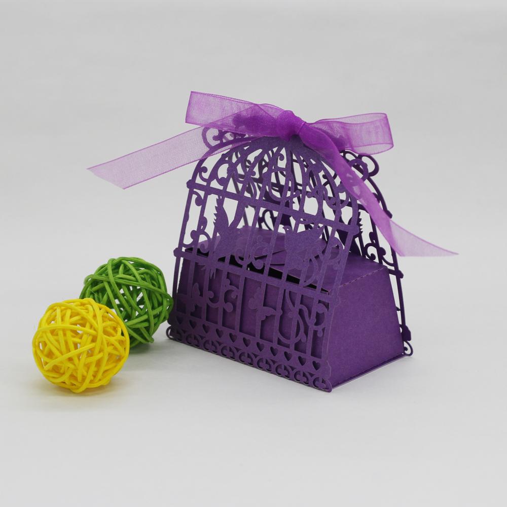 20x Bird Cage Laser Cut Gift Candy Box w/ Ribbon Wedding Party Favor Violet