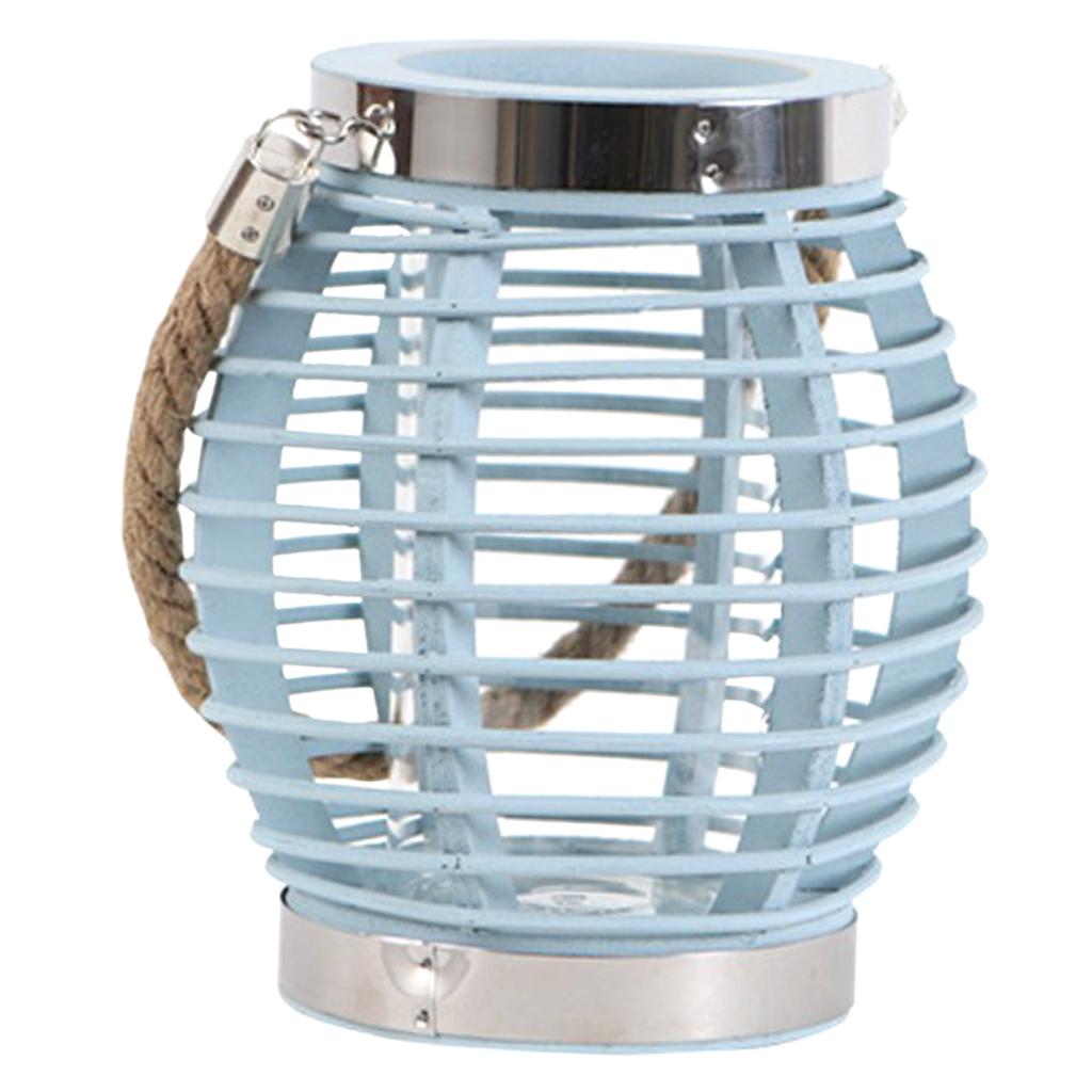 Rustic Style Wooden Wicker Style Round Lantern Tea Light Candle Holder Blue