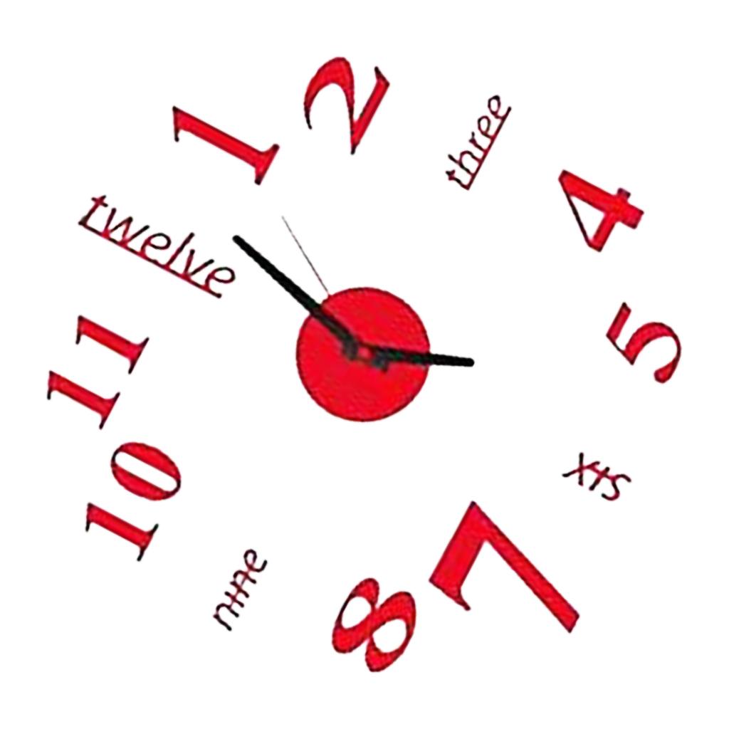 3D Mirror Wall Clock DIY  Large Frameless Sticker Clock Red