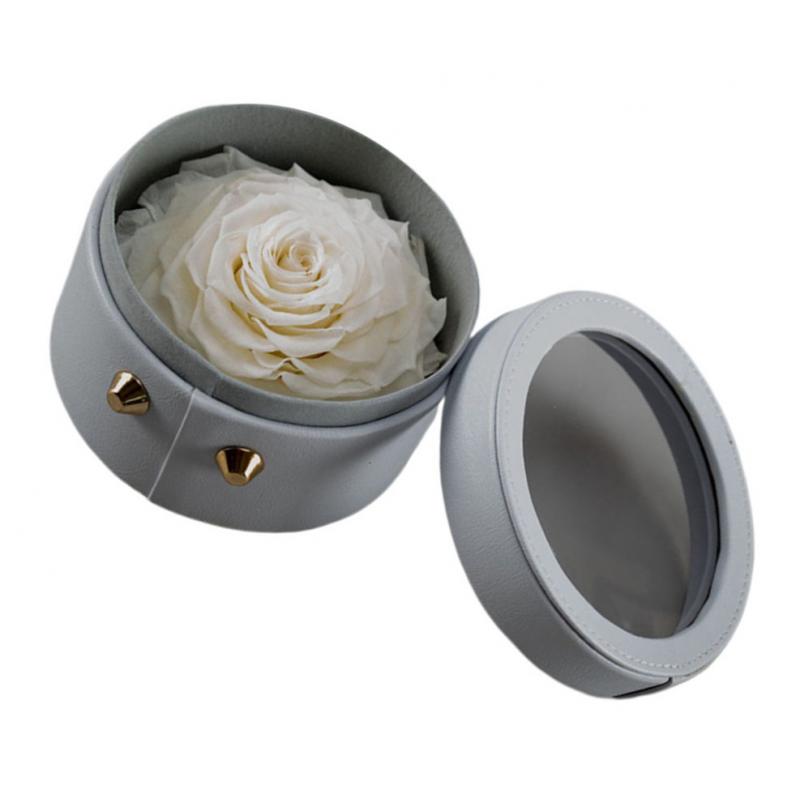 Finished Preserved Flower Round Hollow-out Leather Gift Box White