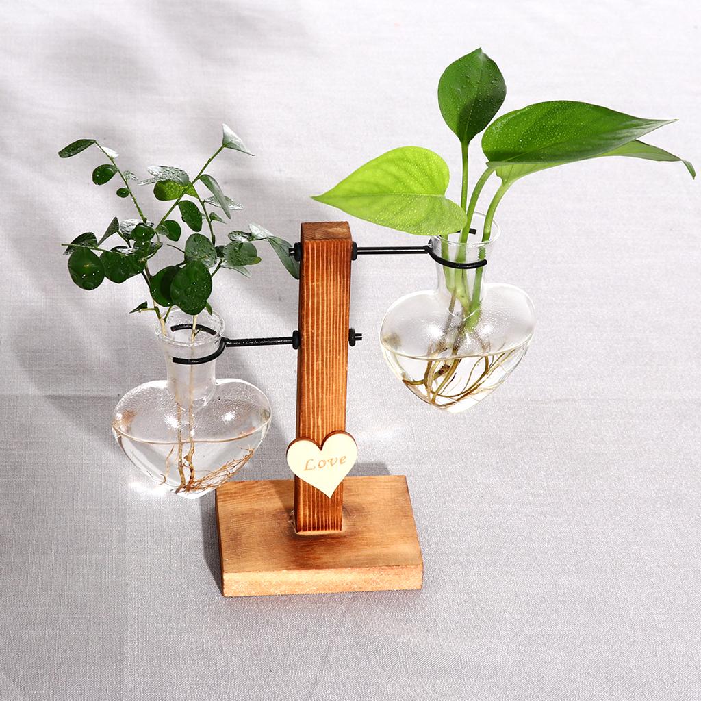 Desktop Plant Terrarium Glass Planter Vase with Wooden Stand Double Bottle