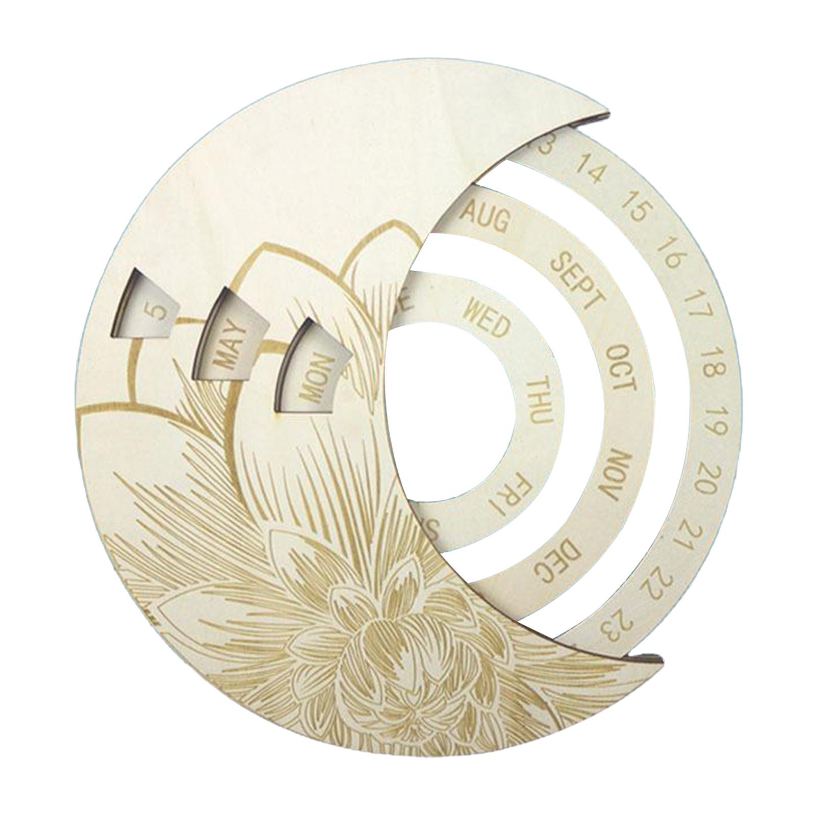 Circle Calendar Wooden Everlasting Perpetual Wall Hanging Crafts Beige