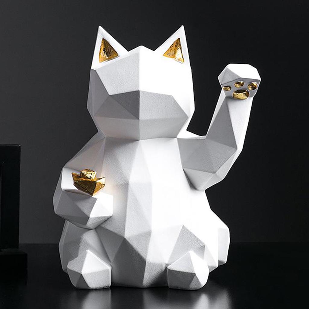 Resin Lucky Cat Figurine Cute Carving Kitten Ornaments Bookcase Decor White