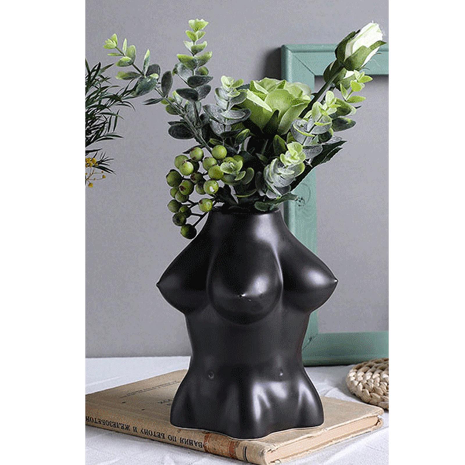 Nude Female Body Vase Ceramic Tabletop Dry Flower Decor Black 17x14x14cm