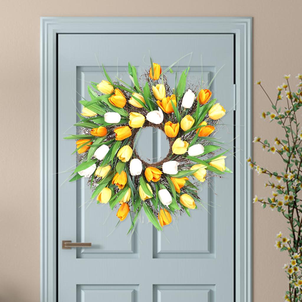 Summer Artificial Tulip Front Door Wreath Flower Garland Yellow White 40cm