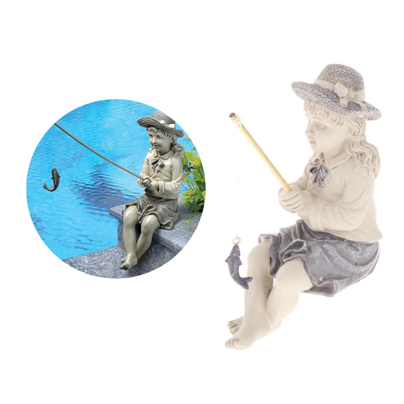 Big Catch Fishing Garden Statue Figurine Outdoor Pond Ornament Little girl