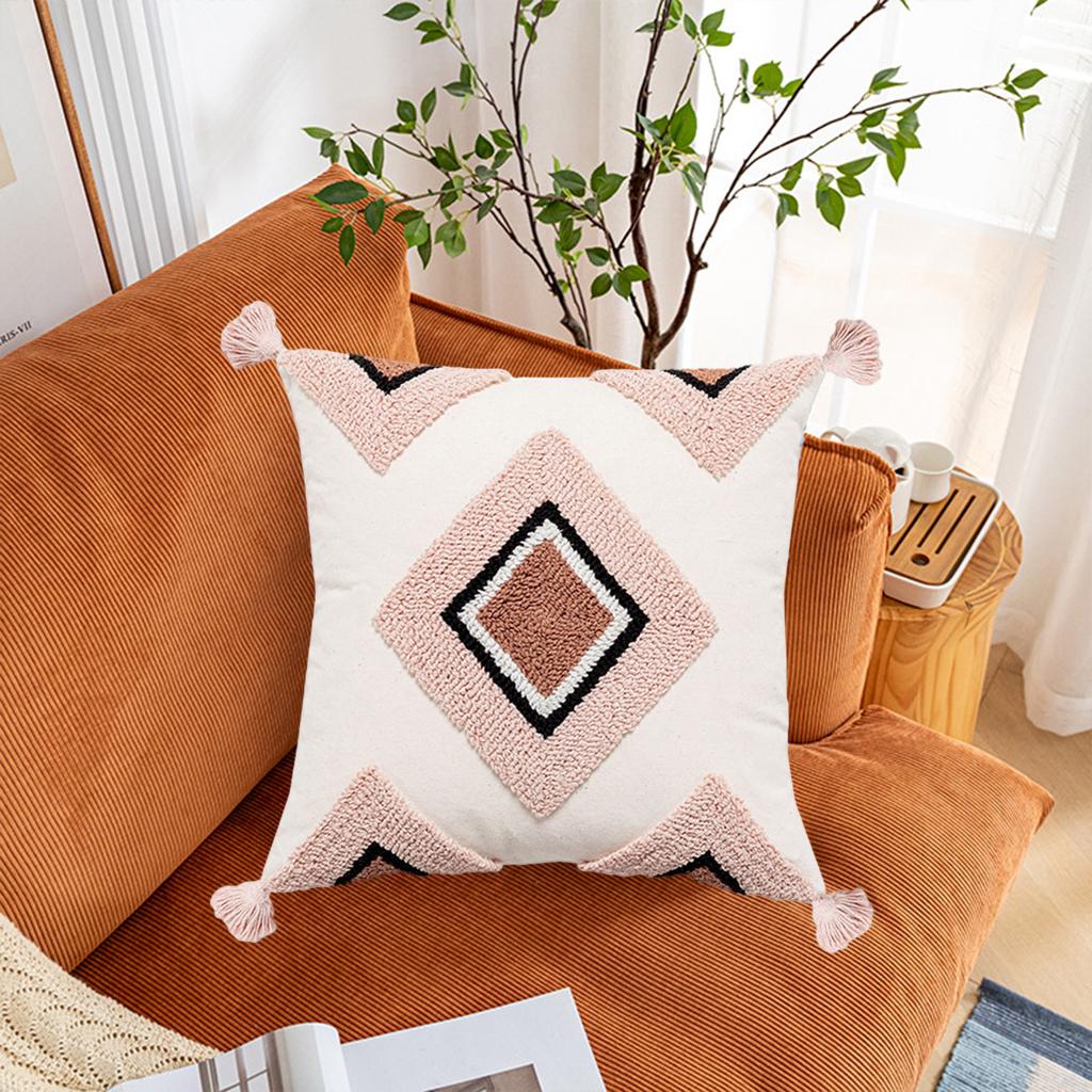 1x Ins Tufted Throw Pillow Cushion Cover Soft Tassels Pillowcase Decorative Rhombus 45x45cm