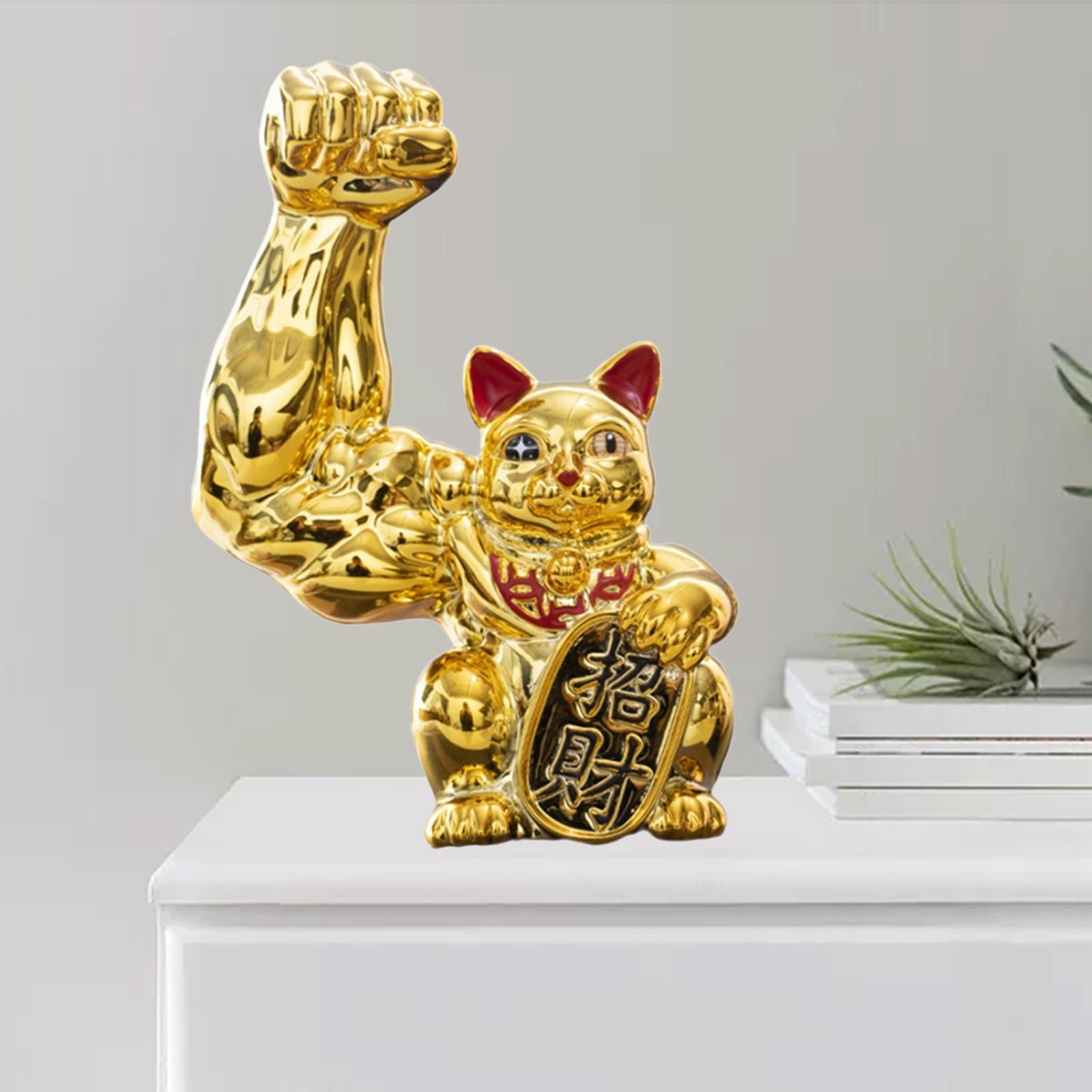 Lucky Cat Figurine Maneki Big Muscle Ornaments Counter Sculpture Statue 15cm