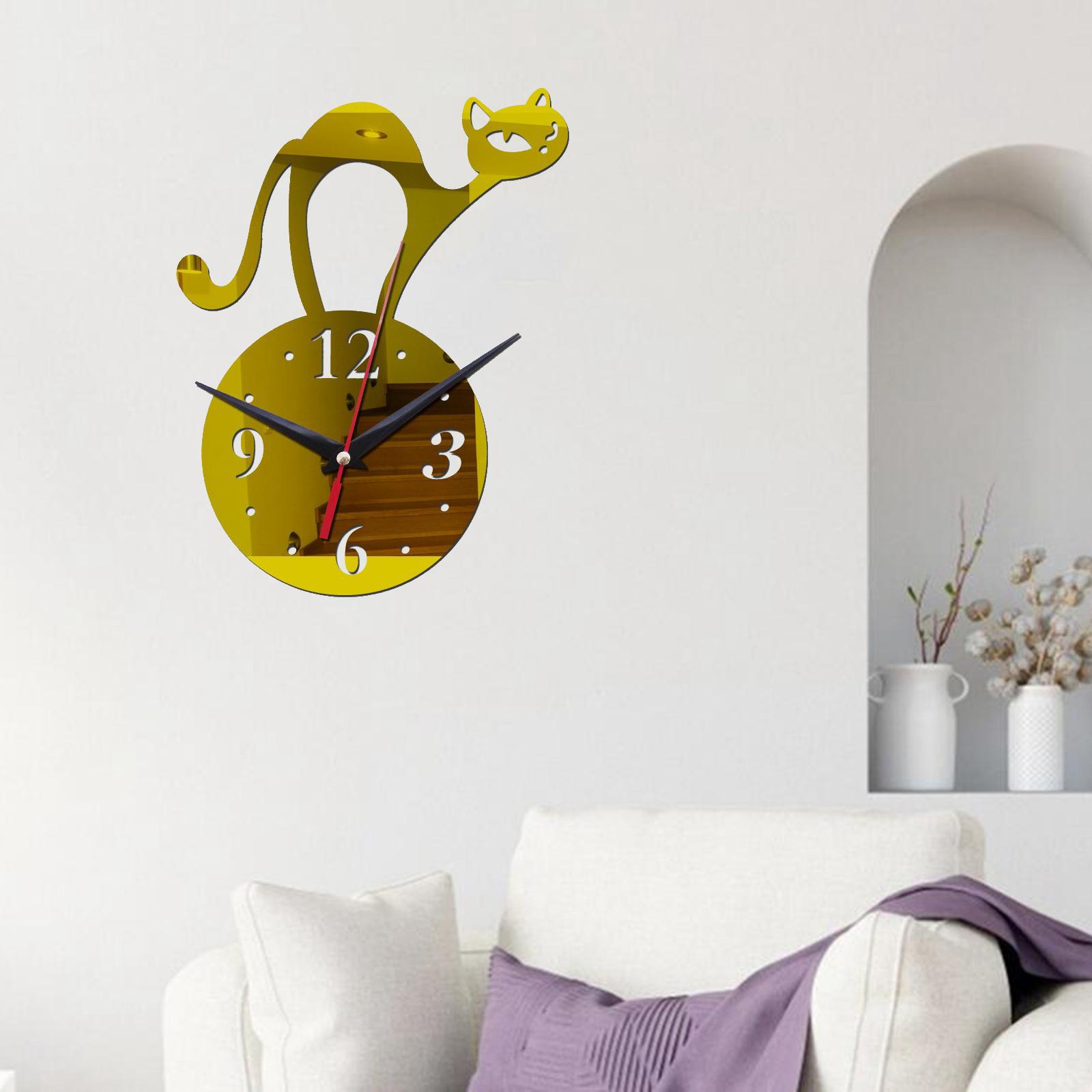Creative Cat Wall Clocks Mirror Irregular Minimalist for Home Decor Gold
