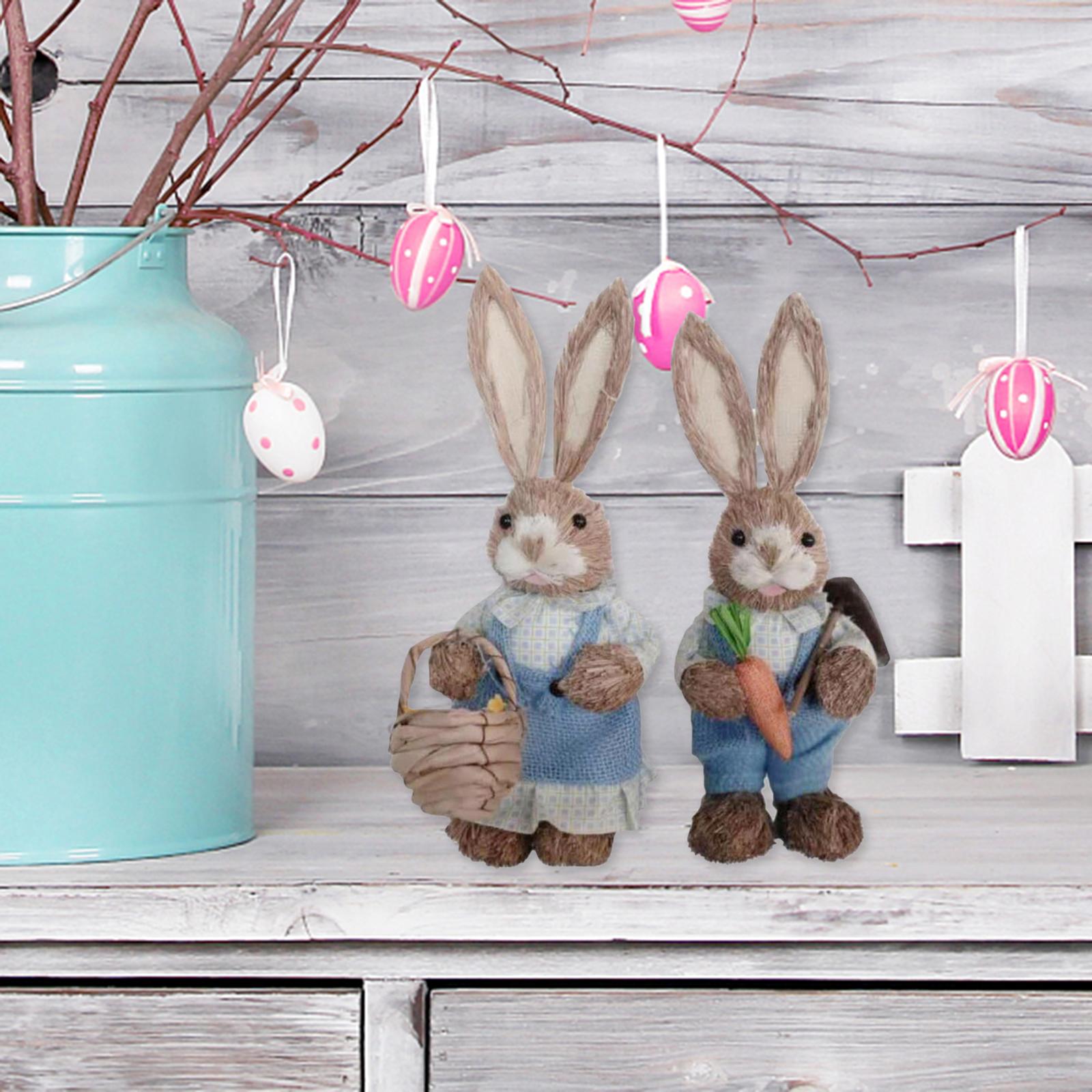 1 Pair Straw Easter Rabbit Decoration Bunny Figurines for Holiday Blue