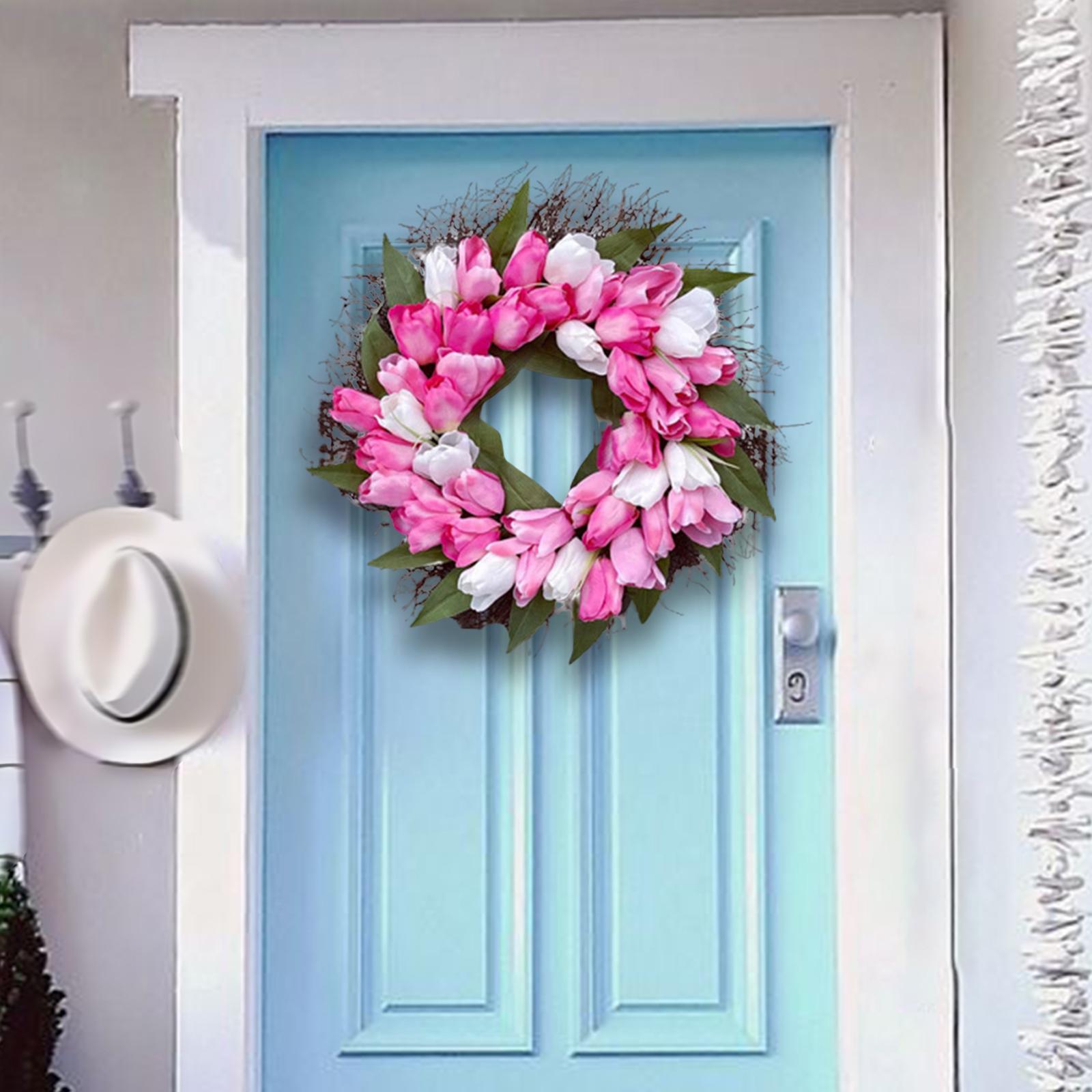 Pink Artificial Tulip Flower Wreath Fower Front Door With leaves 45cm