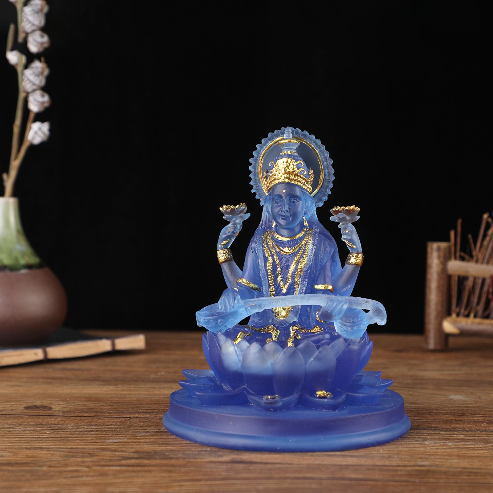 Hindu Saraswati Sitting On Lotus Figurines indian Sculpture for Desktop Blue