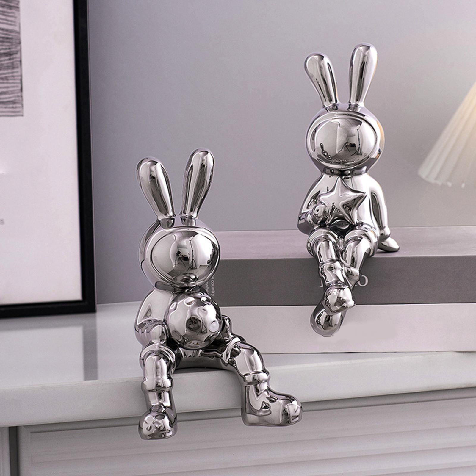 Rabbit Statues Animal Figures Display Birthday Gift Desktop Bunny Sculptures silver