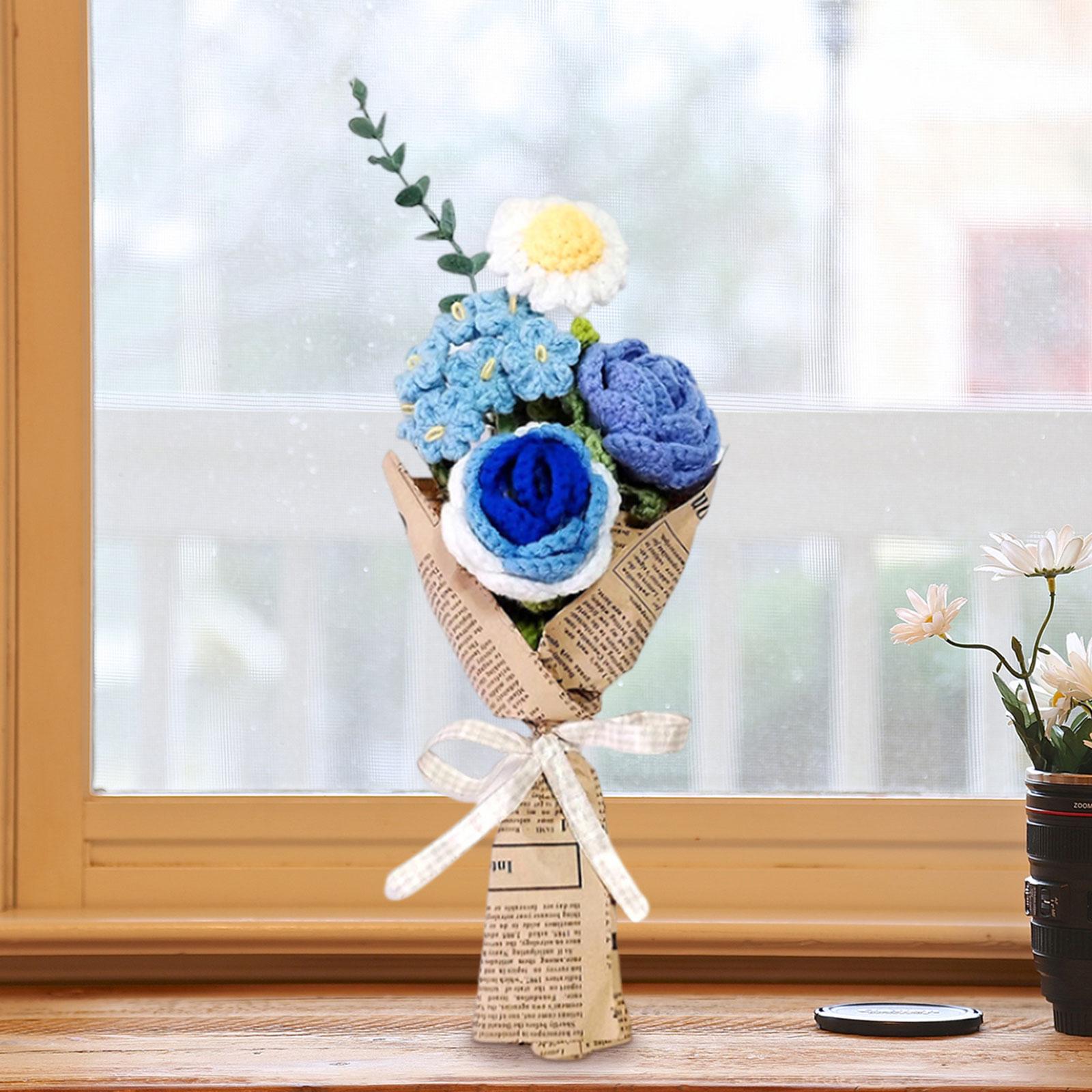 Crochet Flower Bouquet Durable Artificial Flowers by Professional Craftsmen Blue