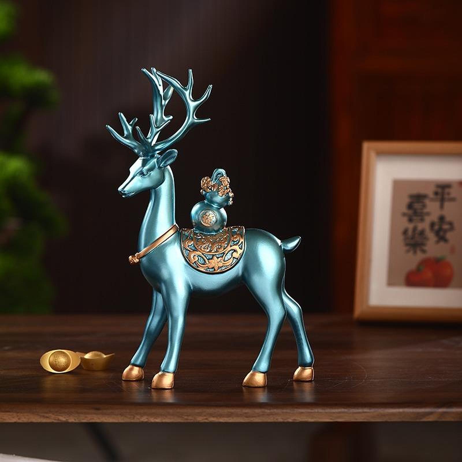 2x Deer Figurines Prosperity Sculptures for Office Table Centerpiece Cabinet Blue