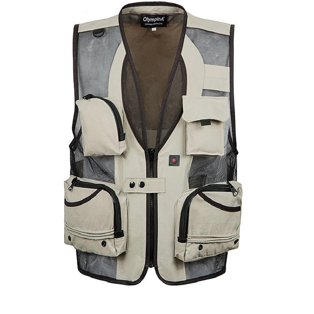 Multi-Pocket Fishing Mesh Vest Photography Quick-Dry Jacket XL Khaki