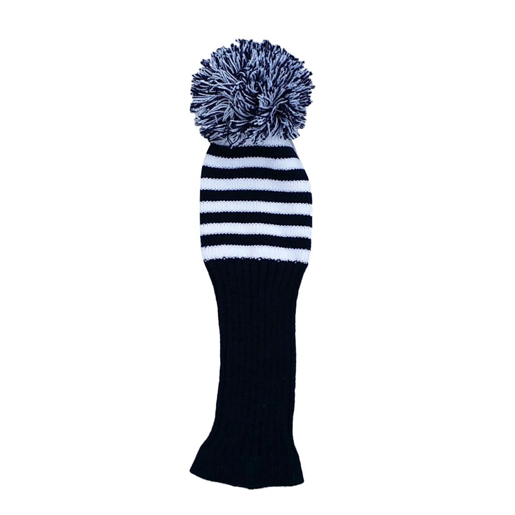 1 Piece White Knit Stripes Pom Pom Golf Club Head Cover Set Headcovers Dark Blue for Driver Fairway Hybrid Wood