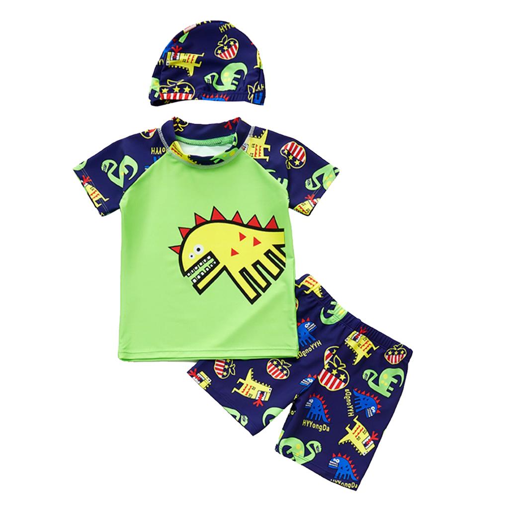 Boys Kids Swimwear Rash Guard Swimming Costume with Cap Dinosaur Green M