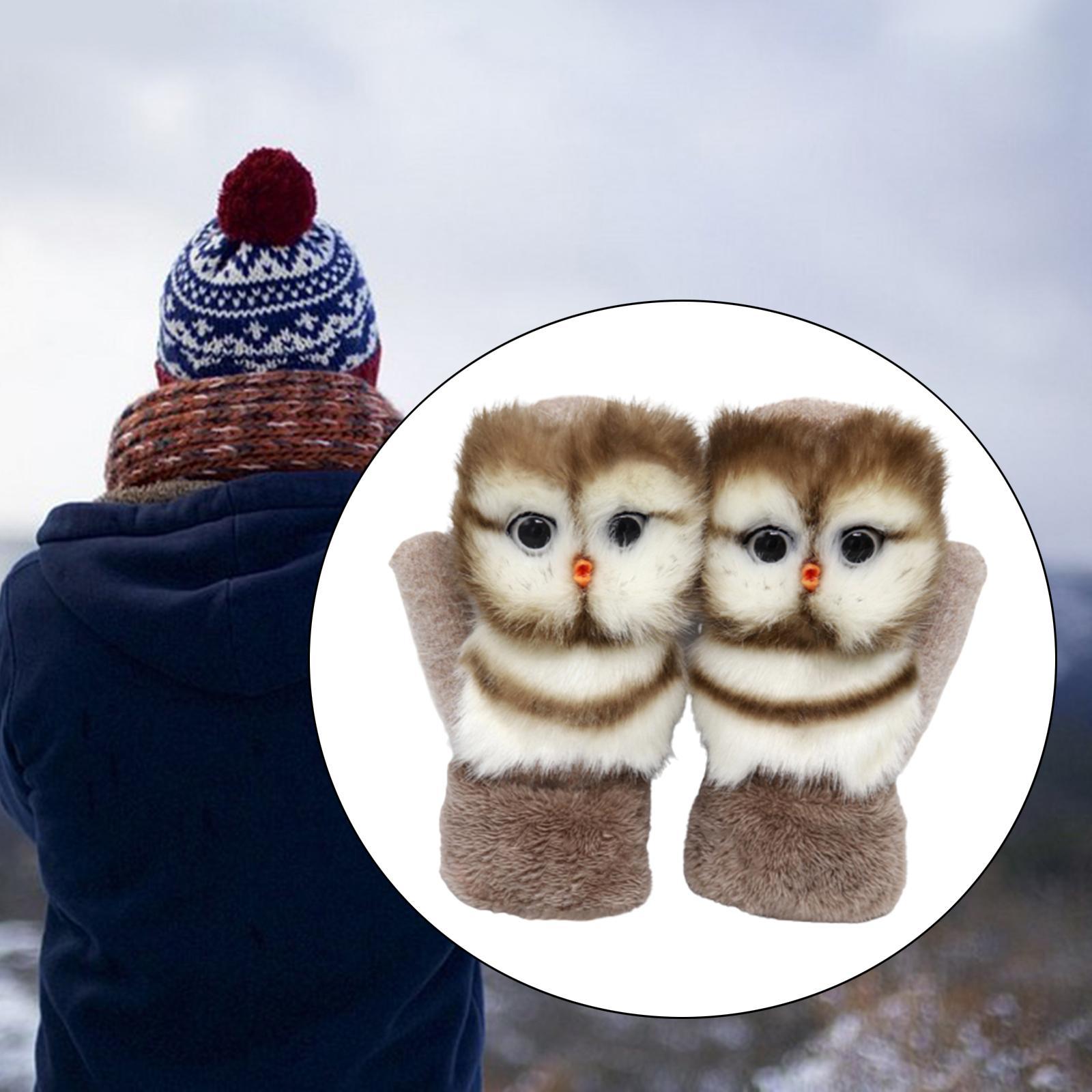 Woman Cartoon Winter Warm Mittens Full Finger Glove Knitted  Coffee owl