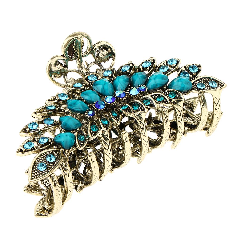 Women Large Hair Claw Jaw Clips Metal Rhinestones Crystal Hairpin Blue