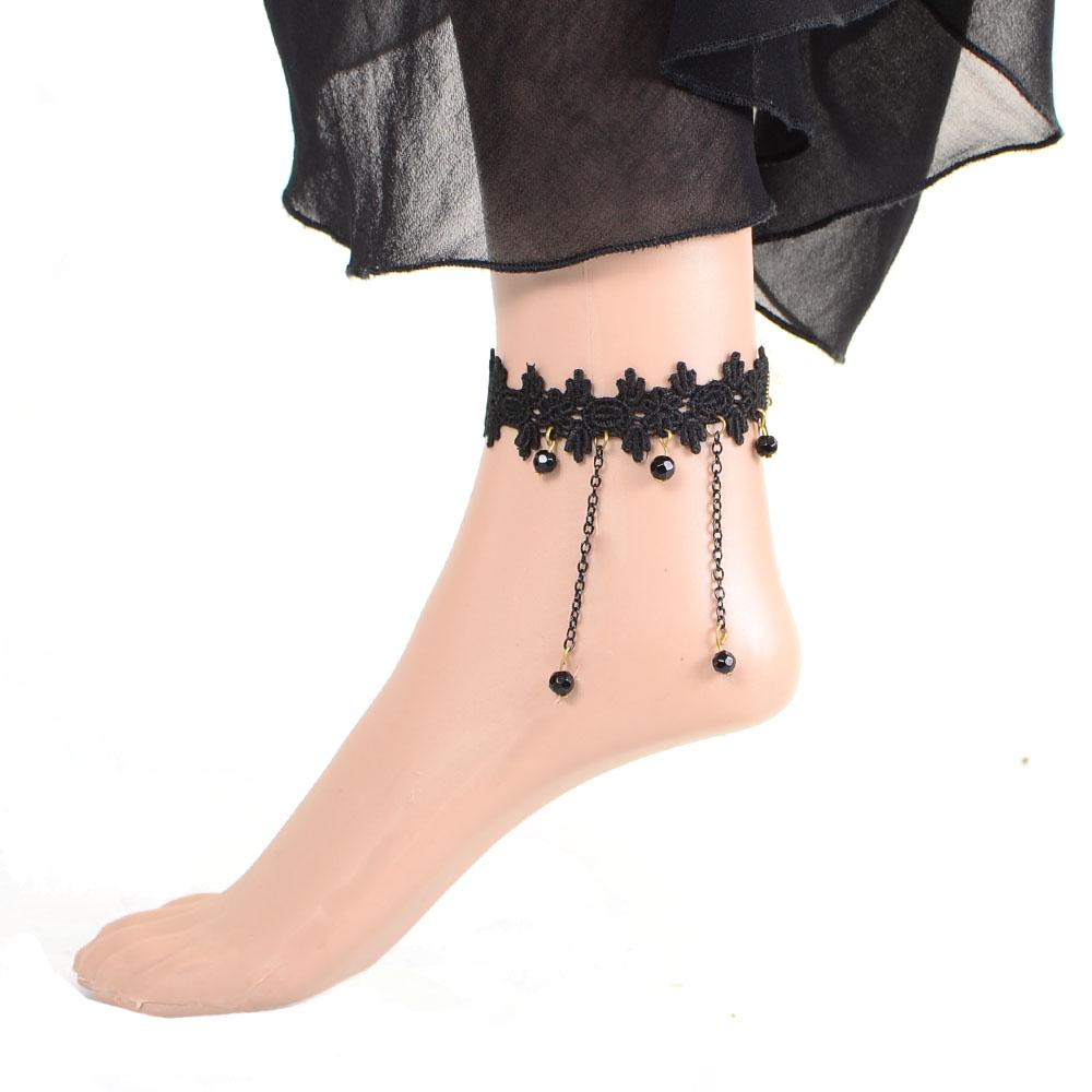 Sexy Hollow Lace Faux Pearl Chain Tassel Sandal Ankle Anklet Bracelet Black
