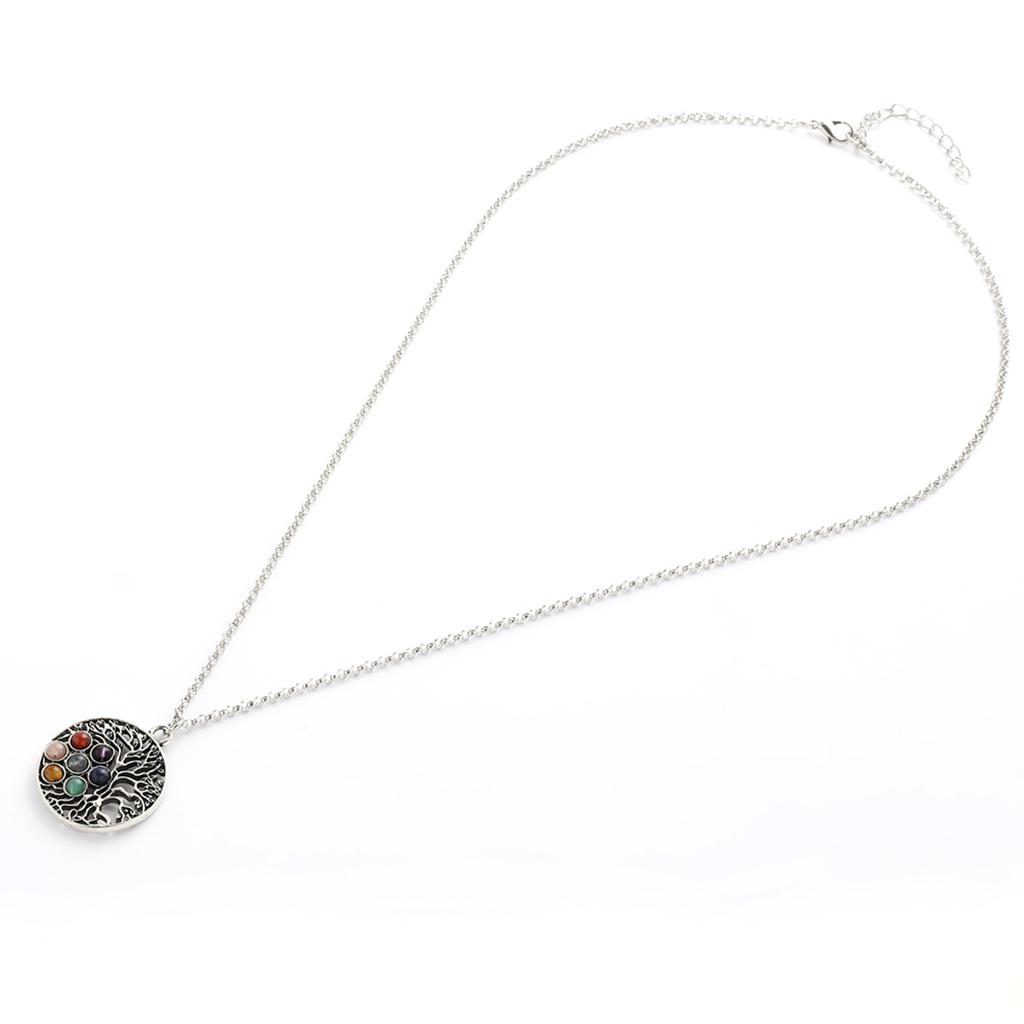 Round Gemstone Tree of Life Yoga Mandala Pendant Necklace Chain Silver