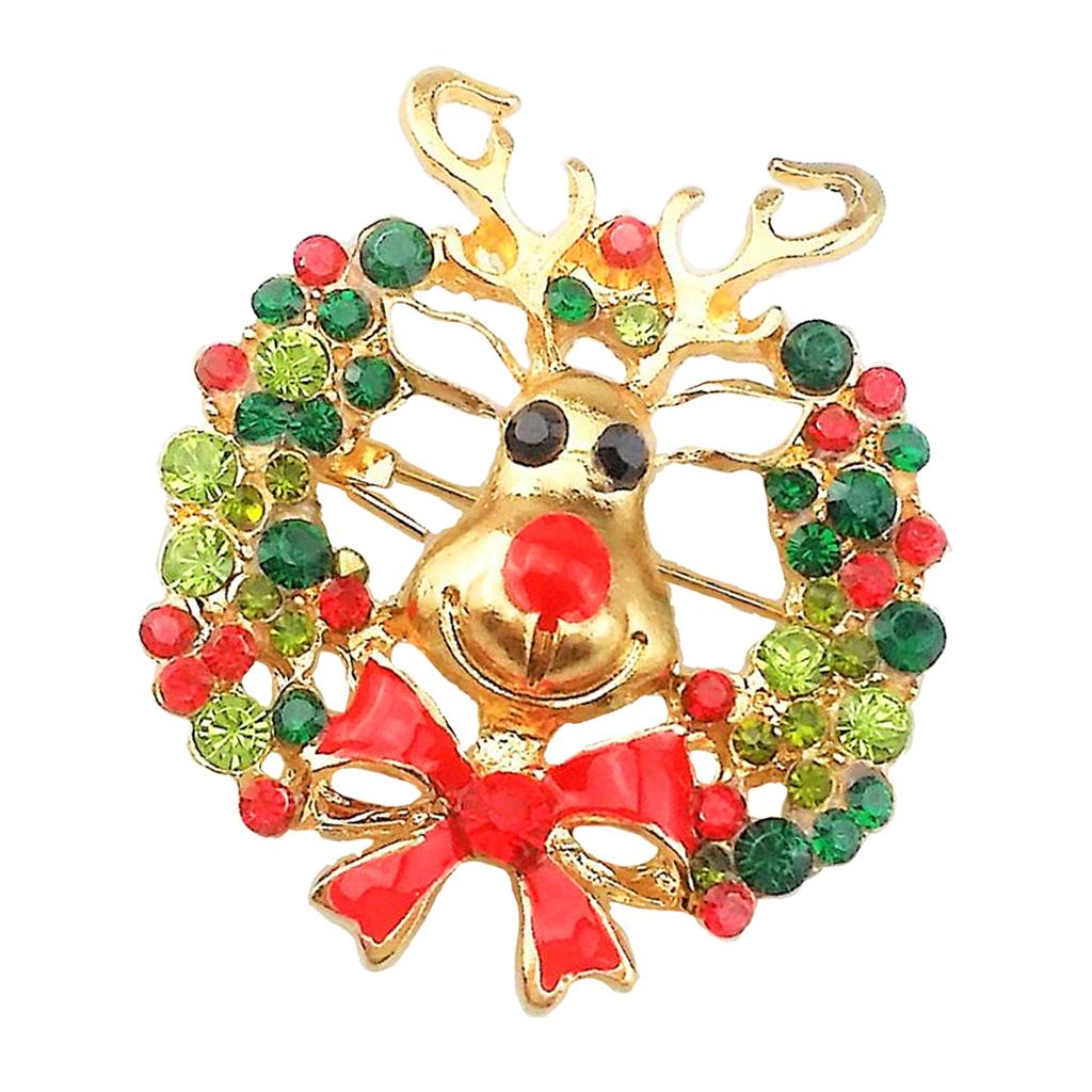 Gold Crystal Rhinestone Christmas Deer Wreath Brooch Pin Xmas Jewelry Gift