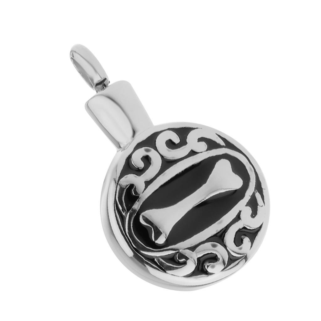 Stainless Steel Dog Bone Round Cremation Keepsake Urn Pendant Silver