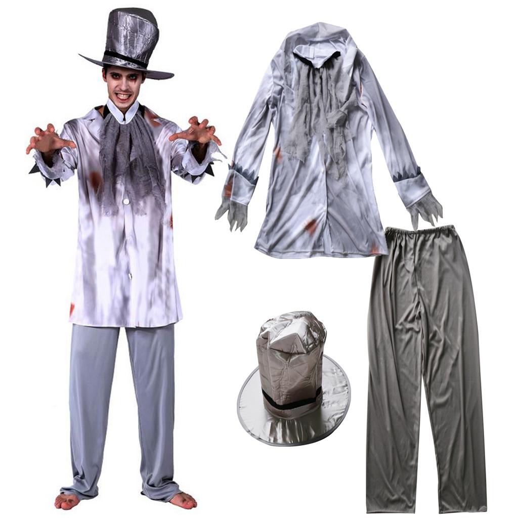 Zombie Gentlemen Costume Hat Set Adult Ghost Groom Halloween Fancy Dress