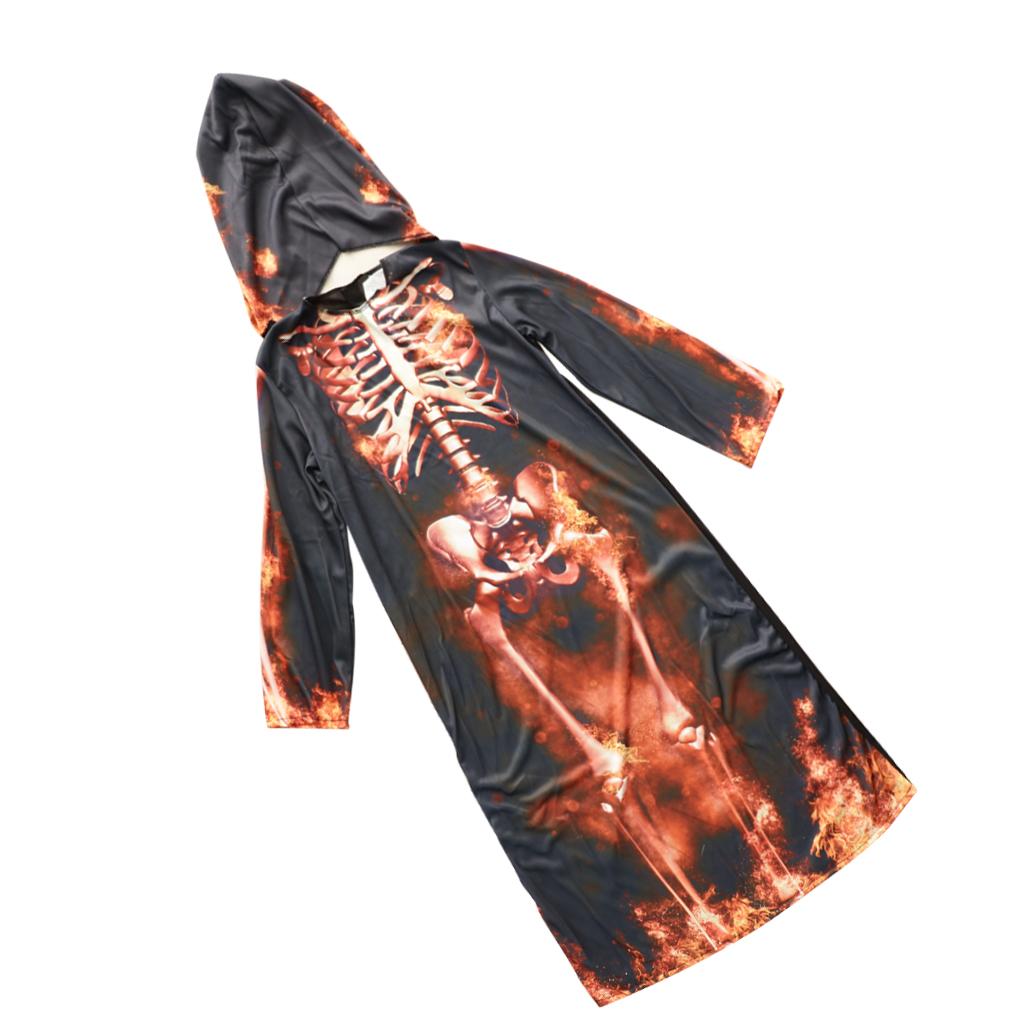 Halloween Kids Flame Skeleton Hooded Robe Costume Halloween Fancy Dress  XL