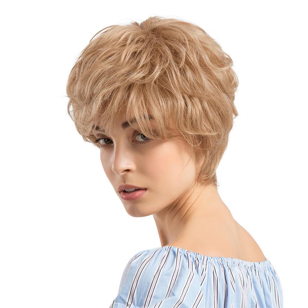 Popular Silky Natural Short Layered Human Hair Cosplay Wigs&Bangs Blonde