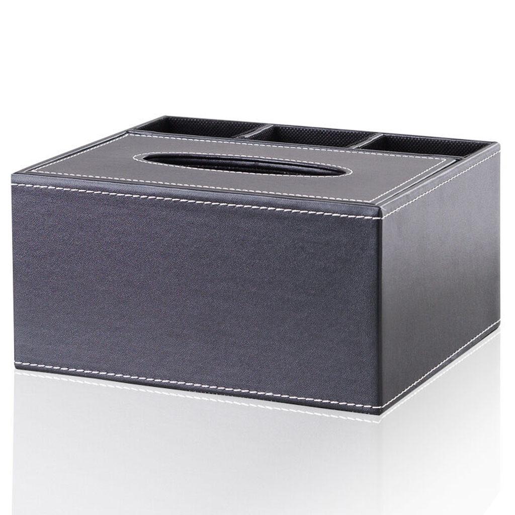 PU Leather Tissue Box Desktop Remote Control Holder Black 22x17x10cm