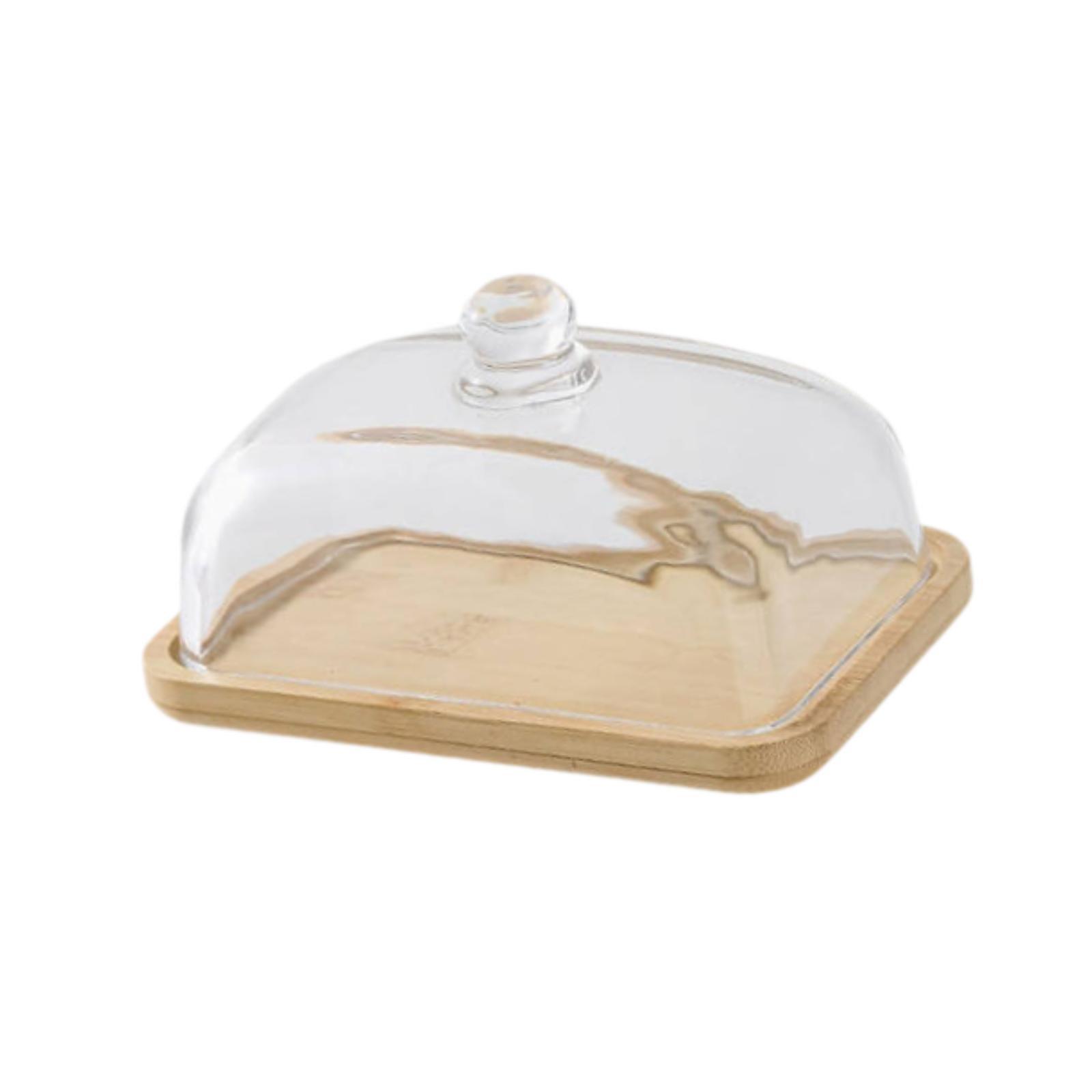 Cake Stand Glass Cover Bamboo Wood