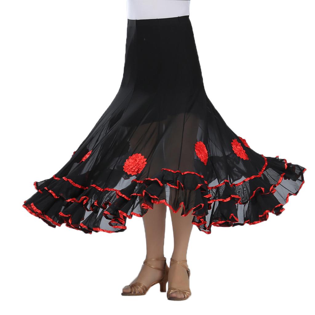 Flamenco Ballroom Dance Skirt Flower Full Swing Latin Skirt Waltz Costumes Red