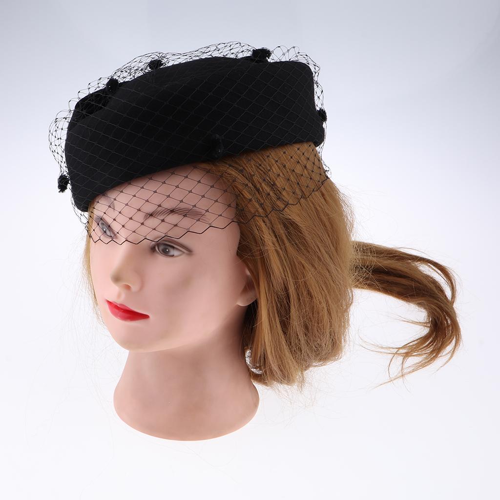 Ladies Vintage Wool Felt Pillbox Hat with Veil Wedding Church