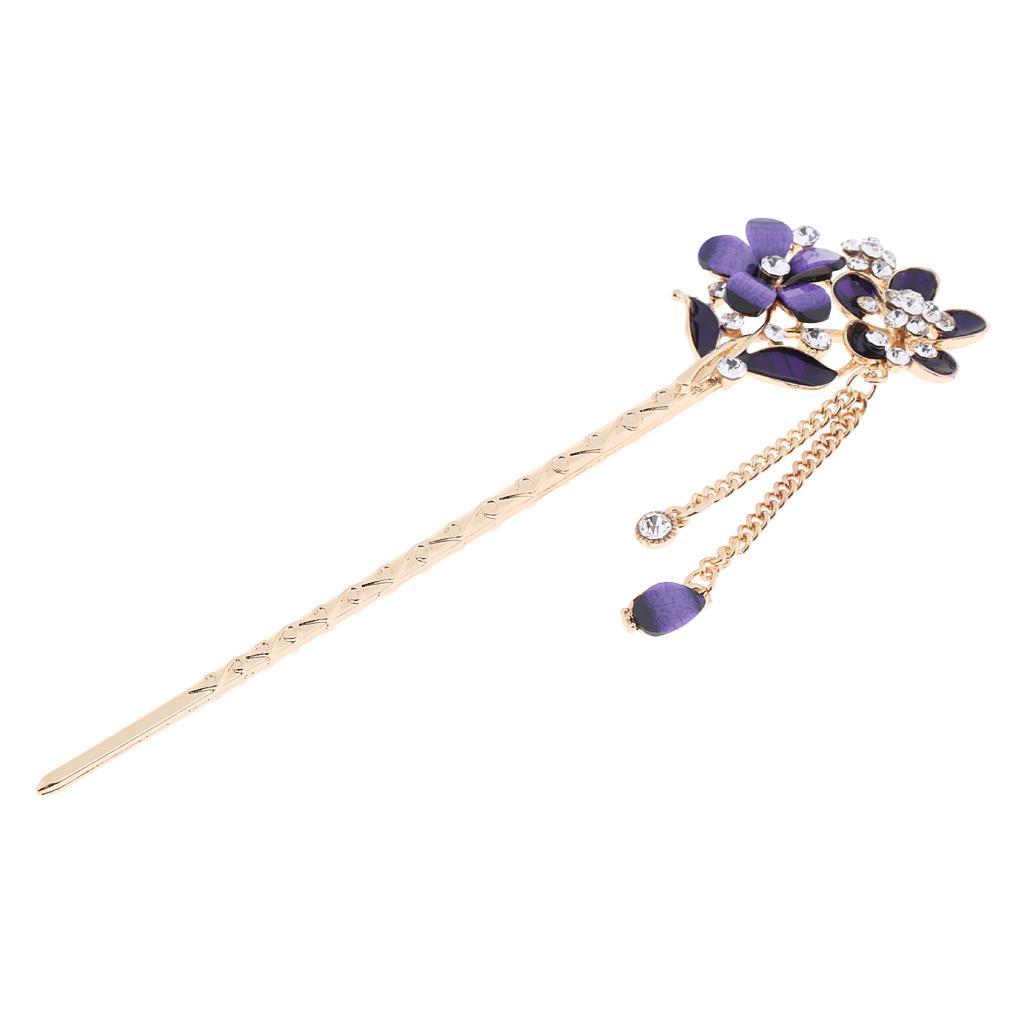 Chinese Hair Chopsticks Crystal Rhinestone Flower Hair Stick Pins Purple 