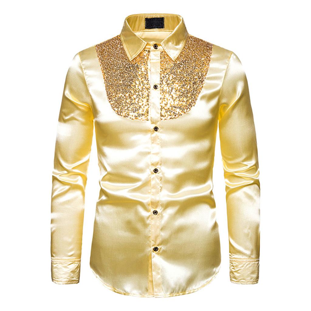 Mens Fashion Button Down Shirts Long Sleeve Sequins Tops Shirt Golden XL