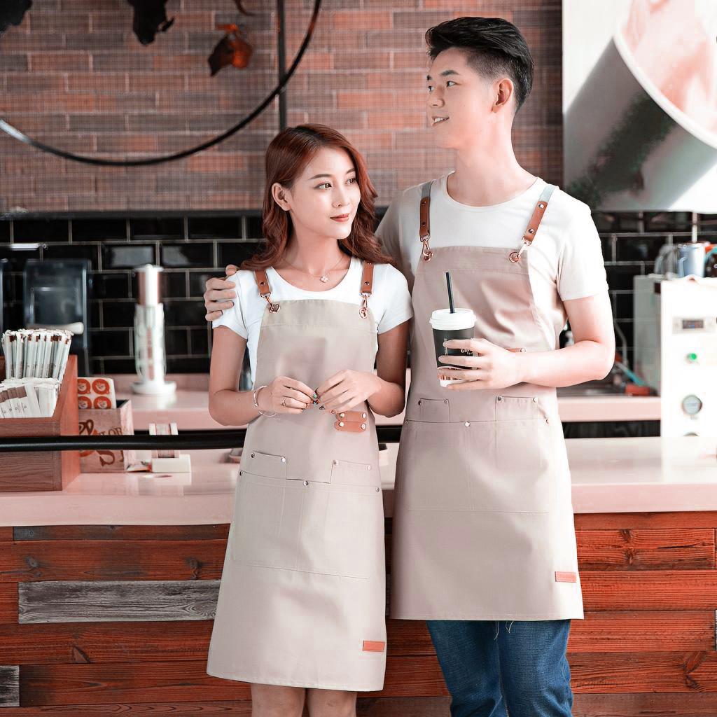 Unisex Canvas Apron with Pockets Cafe Kitchen Cooking Painting Apron Bib Khaki