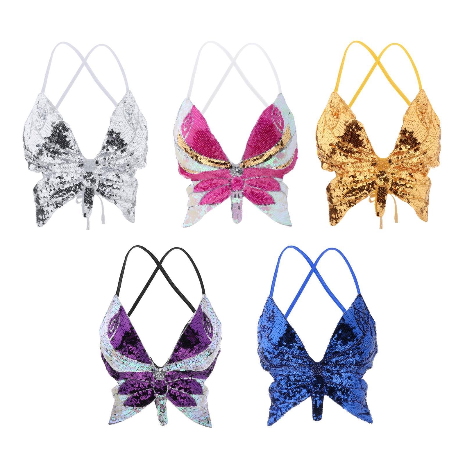 Belly Dance Bra Top Women Sequined Dance Costumes Butterfly Tops Gold
