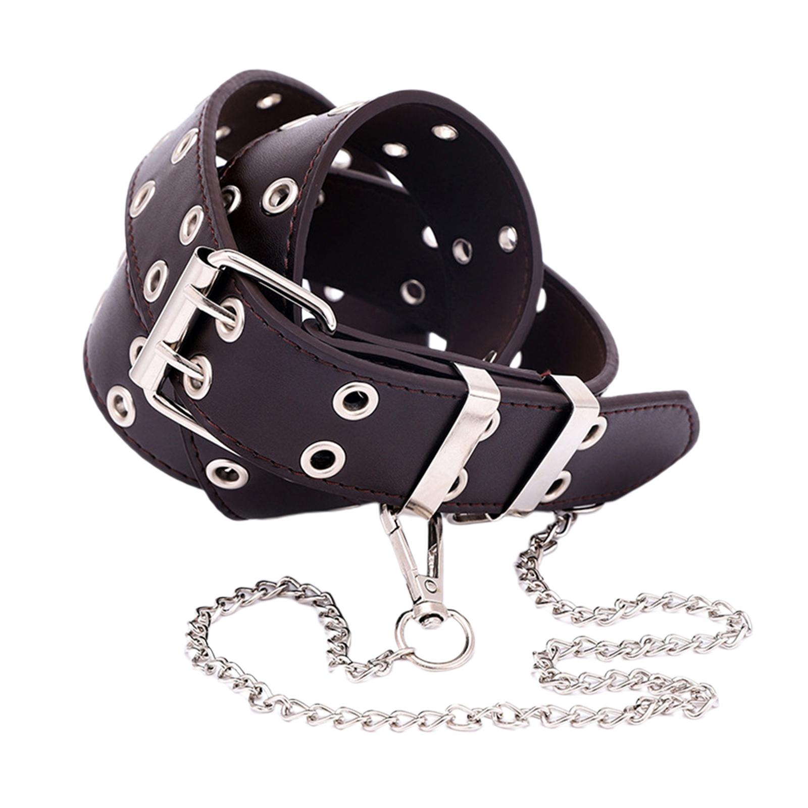 Women Punk Belt Double Grommet Leather Jeans Waist Strap Coffee with Chain