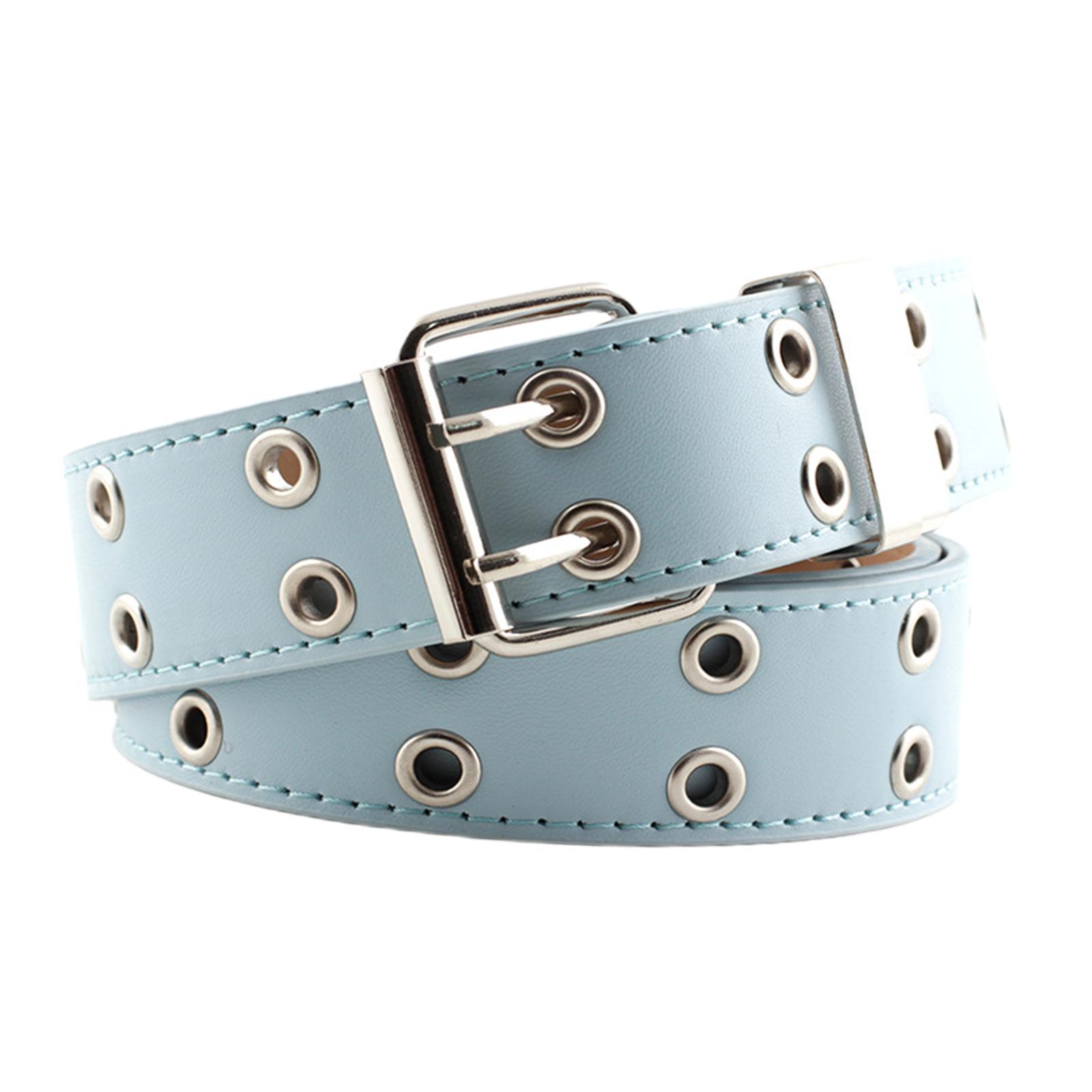 Women Punk Belt Double Grommet Leather Jeans Waist Strap Blue