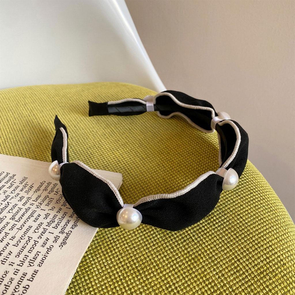 Wide Headband Headwear Bow Pearl Fashion Hair Accessories Hairband Black