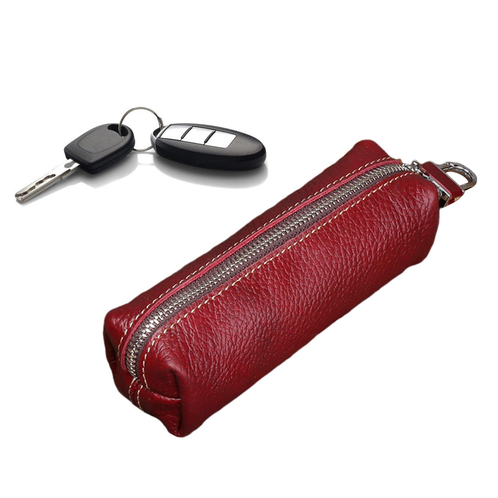 Leather Keychain Wallet Car Zipper Closure Credit Cards Organizer Bag Red
