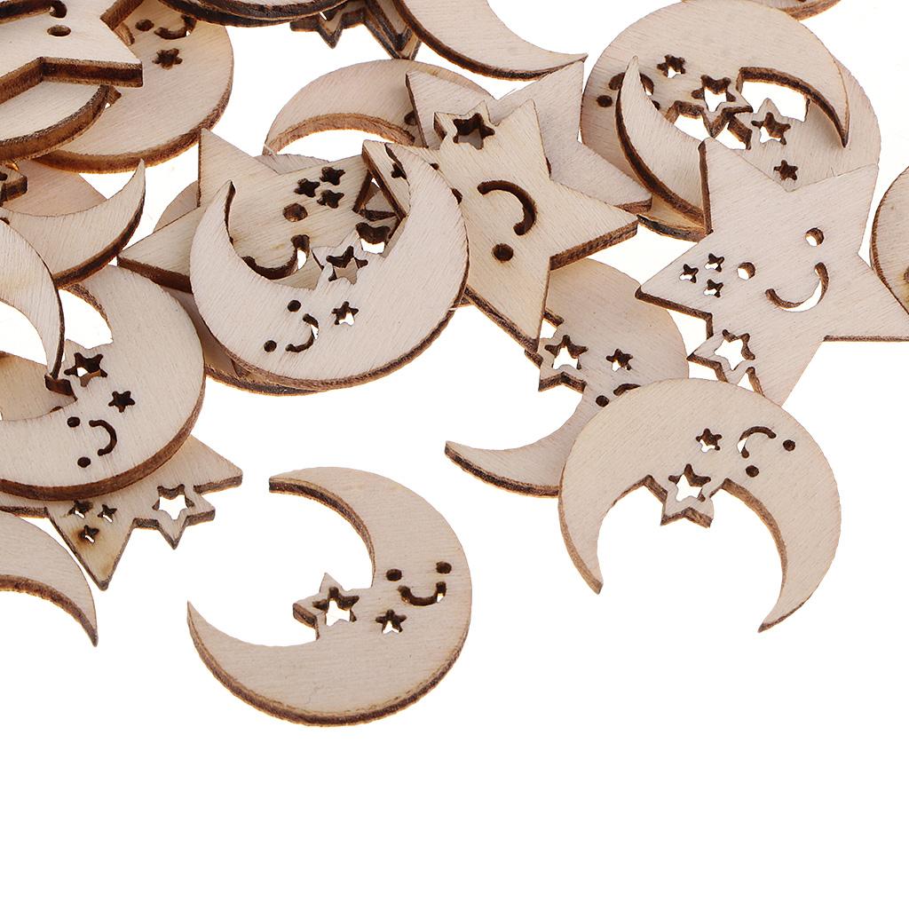 2x50 Pieces Natural Wooden Moon Stars Shapes for DIY Crafts